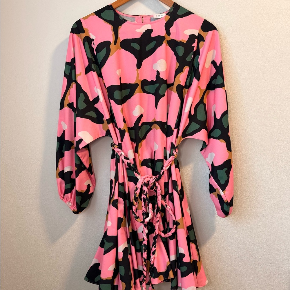 Rhode Pink and Green Patterned Dress with Braided Tie Small